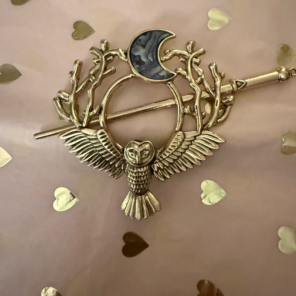 Gold Owl Hair Pin with Abalone Accents - Picture 2 of 5